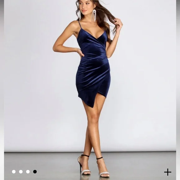 Velvet Asymmetrical Navy Blue Sexy Dress - Picture 11 of 11